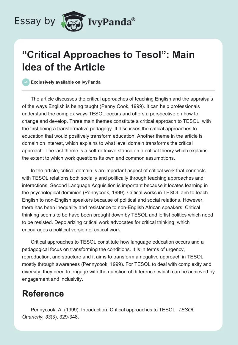 “Critical Approaches to Tesol”: Main Idea of the Article. Page 1