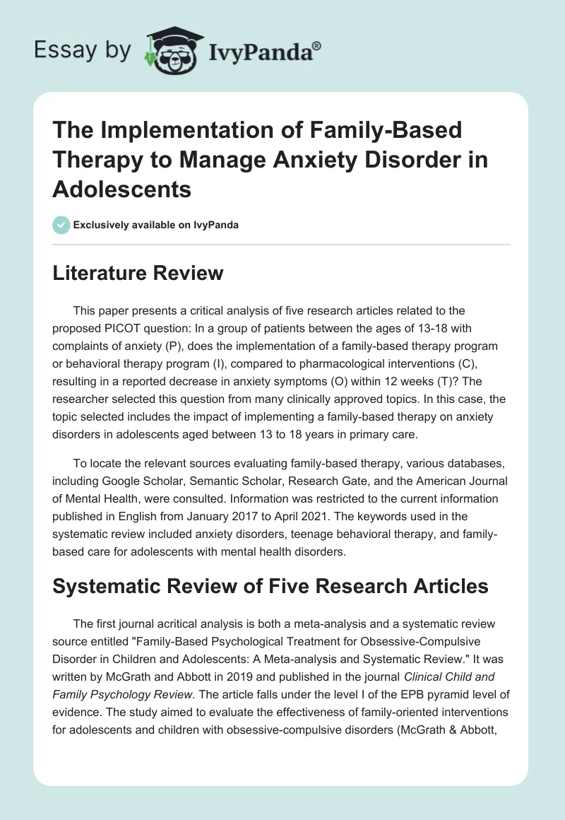 The Implementation of Family-Based Therapy to Manage Anxiety Disorder in Adolescents. Page 1
