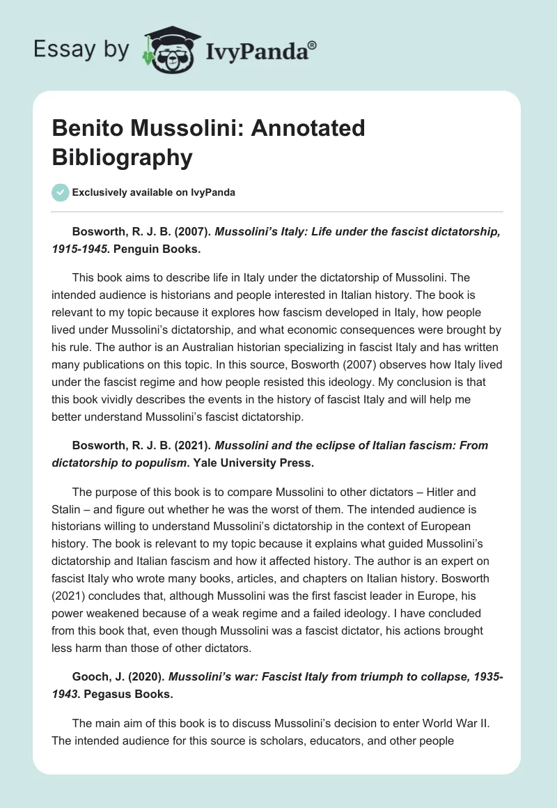 Benito Mussolini: Annotated Bibliography. Page 1