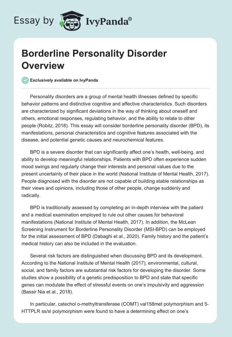 Borderline Personality Disorder Overview. Page 1