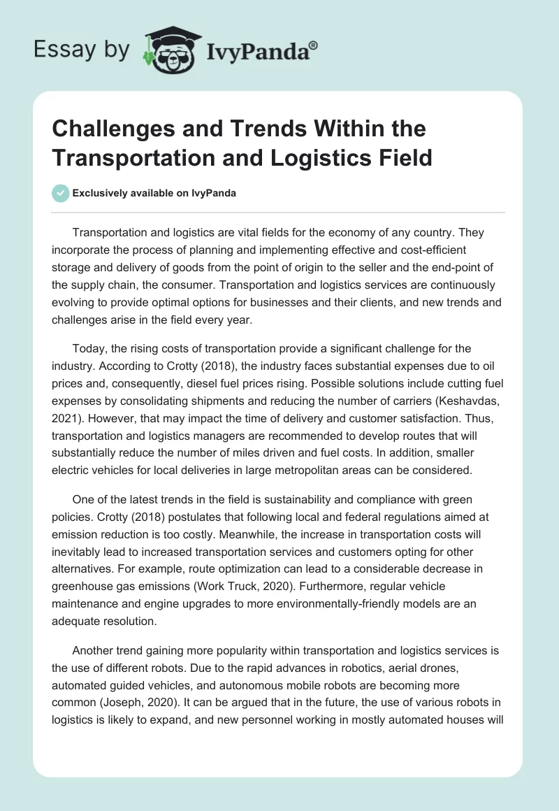 Challenges and Trends Within the Transportation and Logistics Field. Page 1