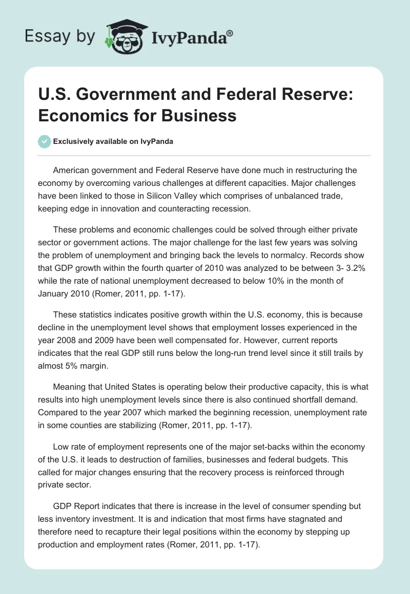 U.S. Government and Federal Reserve: Economics for Business. Page 1