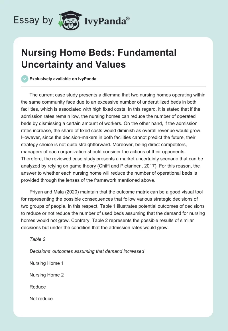 Nursing Home Beds: Fundamental Uncertainty and Values. Page 1
