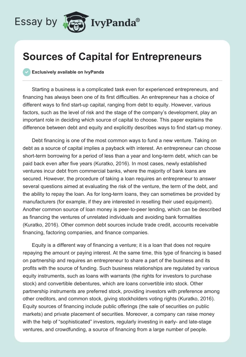 Sources of Capital for Entrepreneurs. Page 1