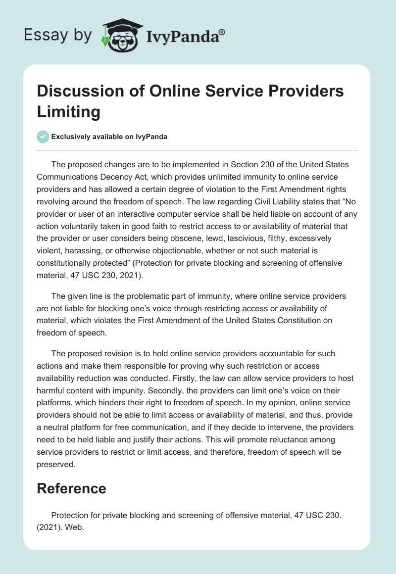 Discussion of Online Service Providers Limiting. Page 1