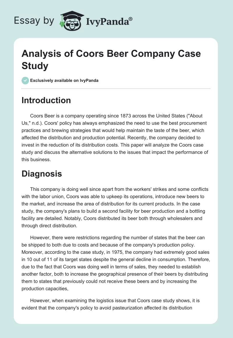 Analysis of "Coors Beer" Company Case Study. Page 1
