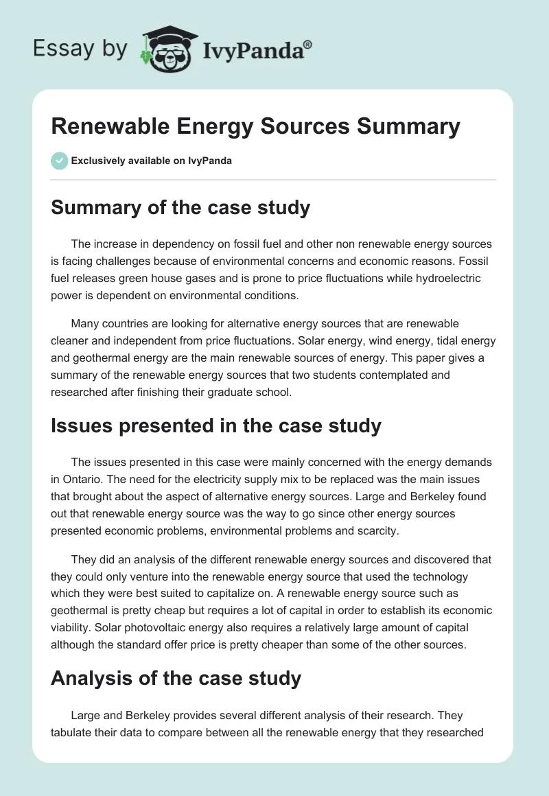 Renewable Energy Sources Summary. Page 1