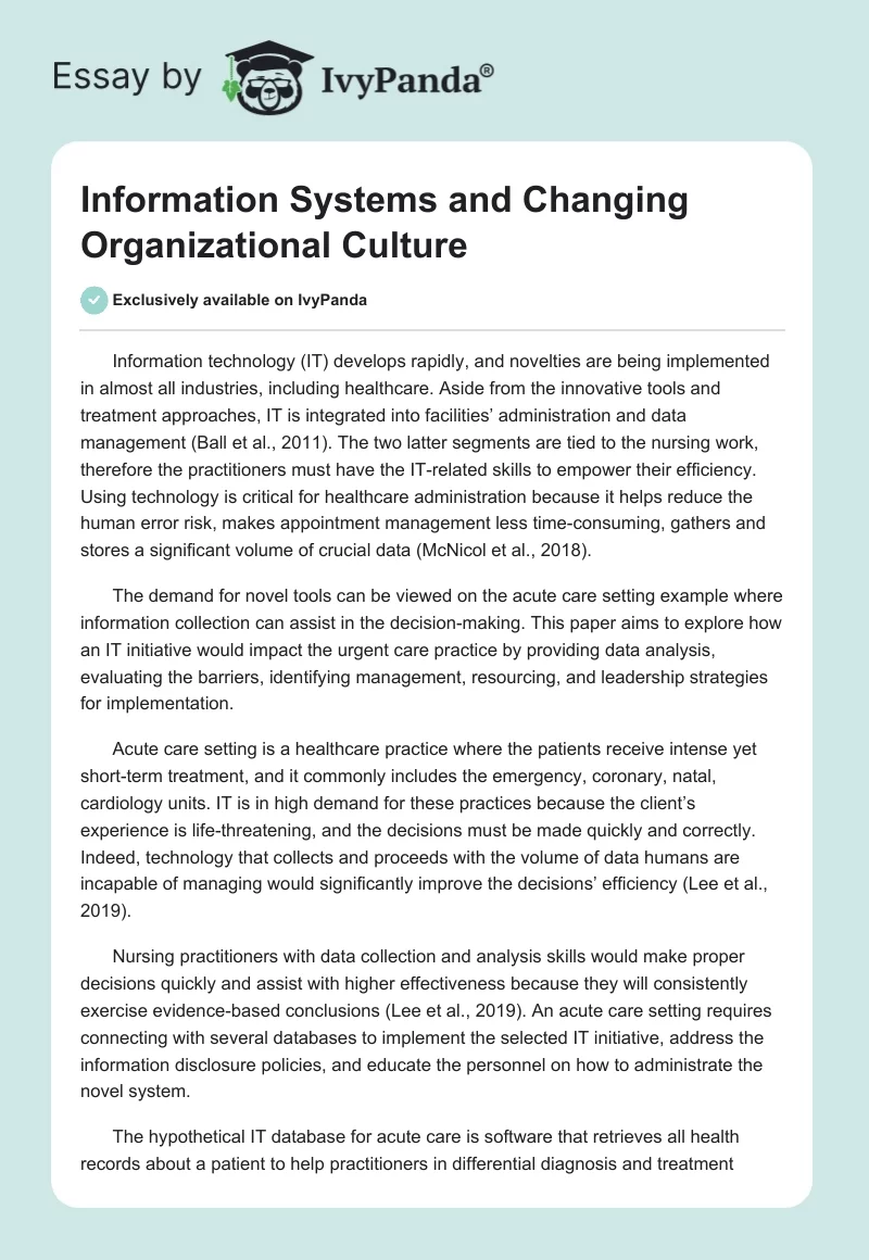 Information Systems and Changing Organizational Culture. Page 1