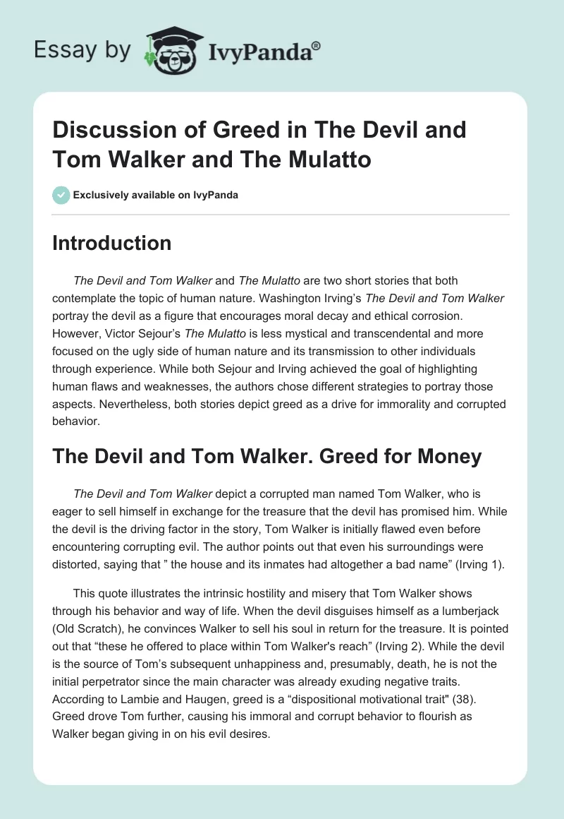 Discussion of Greed in "The Devil and Tom Walker" and "The Mulatto". Page 1