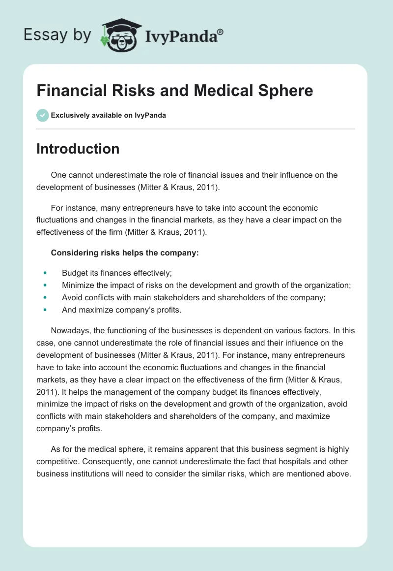 Financial Risks and Medical Sphere. Page 1