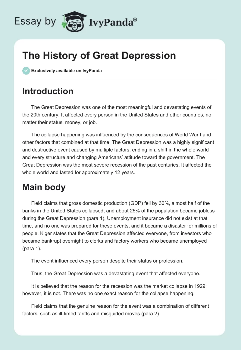 The History of Great Depression. Page 1