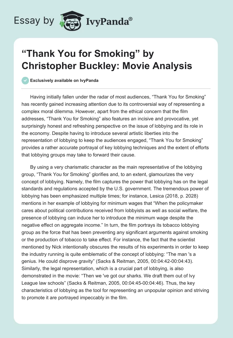 “Thank You for Smoking” by Christopher Buckley: Movie Analysis. Page 1
