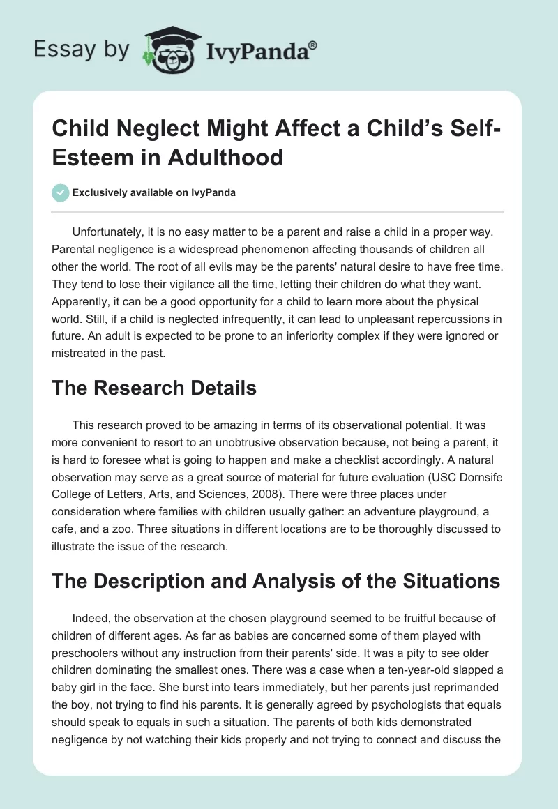 Child Neglect Might Affect a Child’s Self-Esteem in Adulthood. Page 1