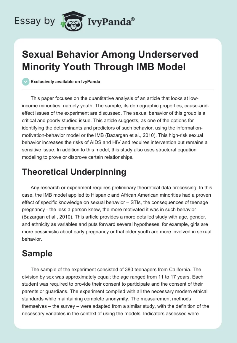 Sexual Behavior Among Underserved Minority Youth Through IMB Model. Page 1