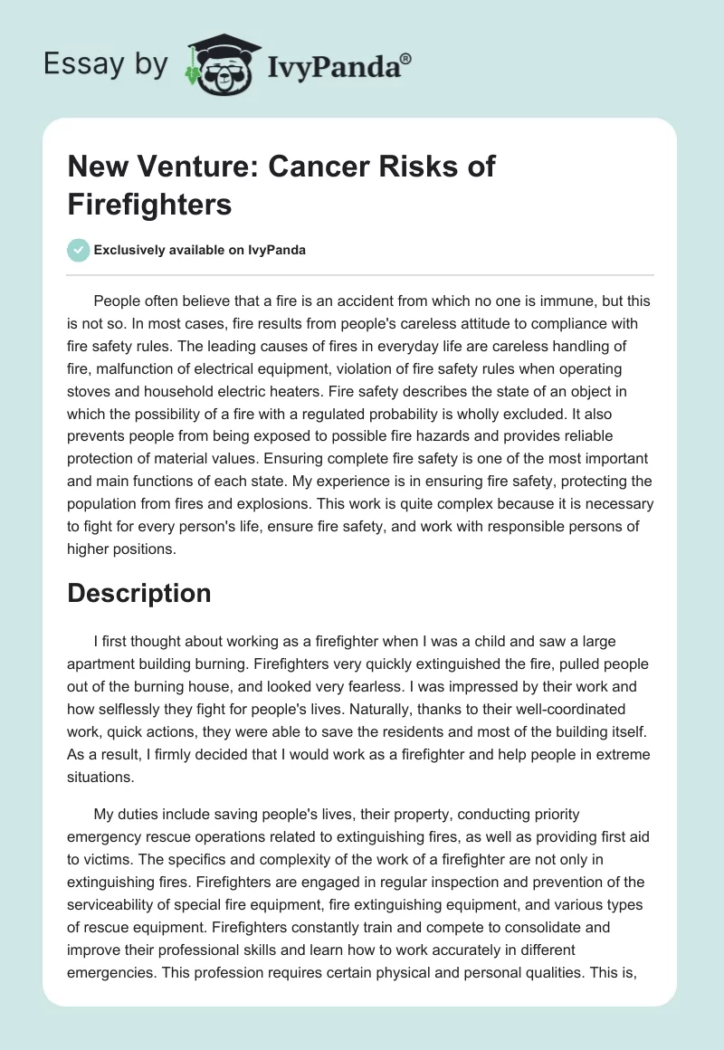 New Venture: Cancer Risks of Firefighters. Page 1