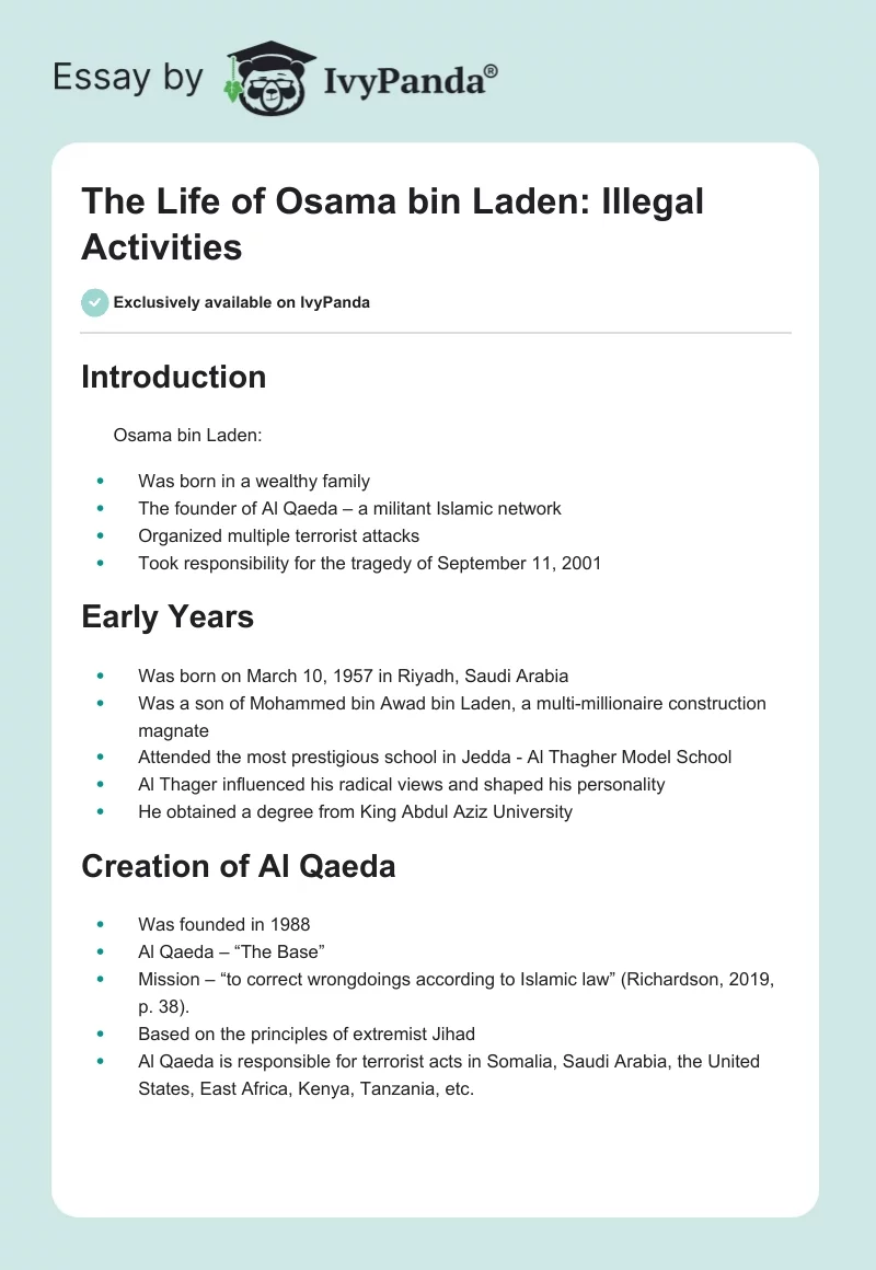 The Life of Osama bin Laden: Illegal Activities. Page 1