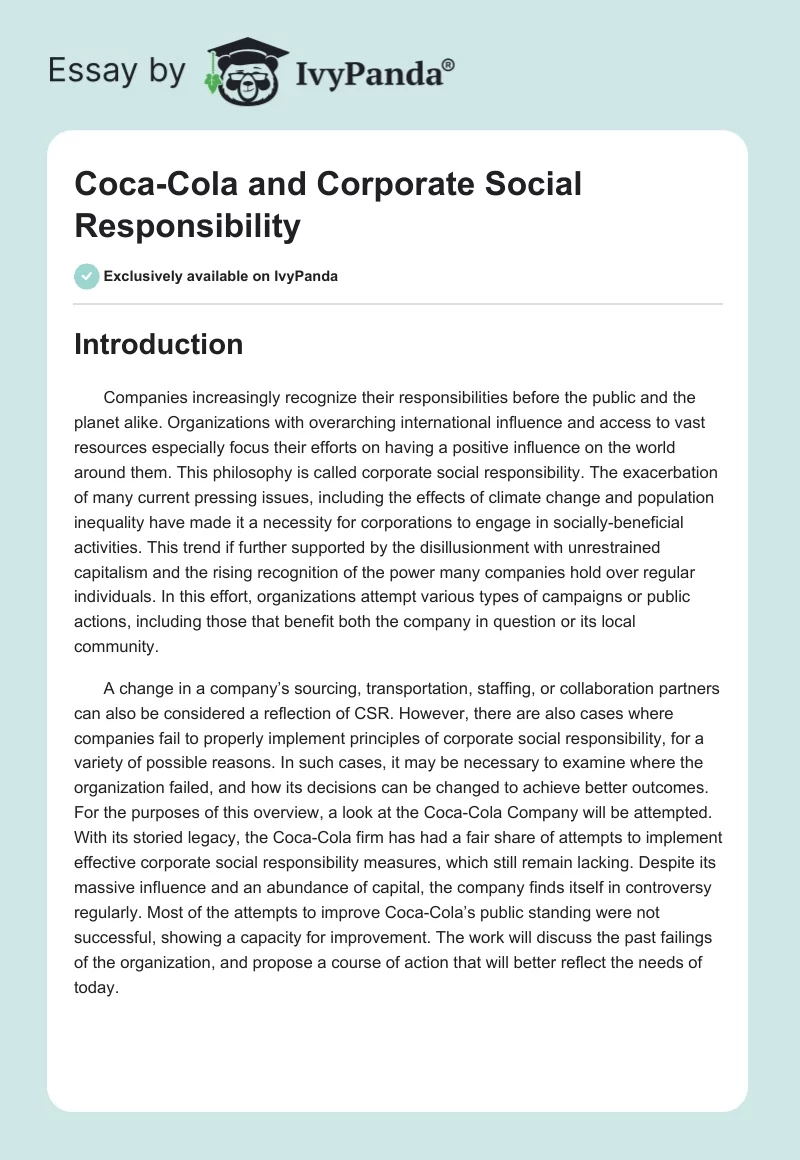 Coca-Cola and Corporate Social Responsibility. Page 1