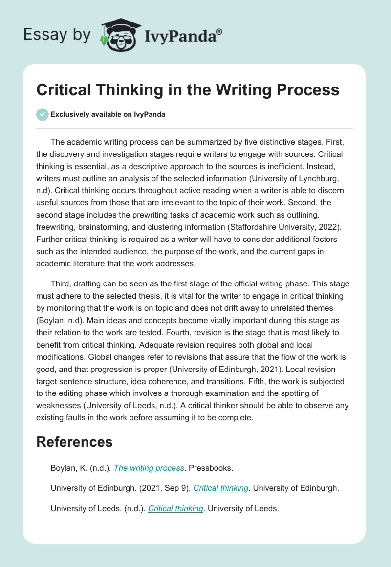 Critical Thinking in the Writing Process. Page 1