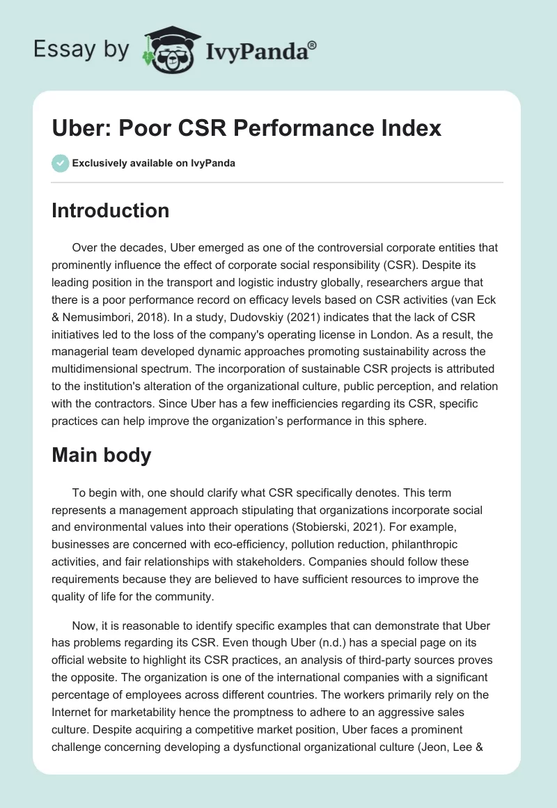 Uber: Poor CSR Performance Index. Page 1