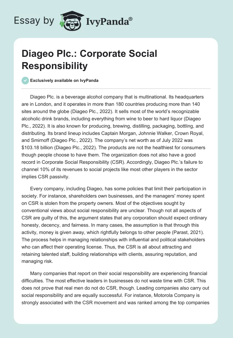 Diageo Plc.: Corporate Social Responsibility. Page 1
