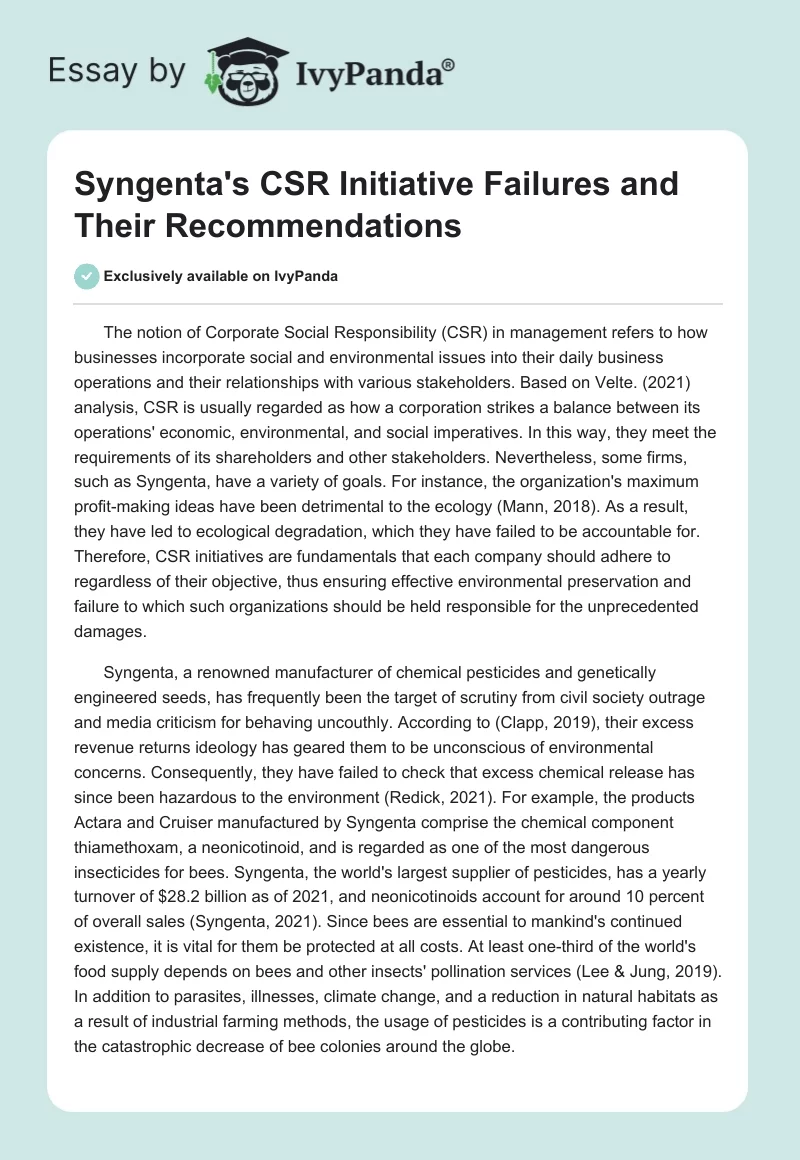 Syngenta's CSR Initiative Failures and Their Recommendations. Page 1