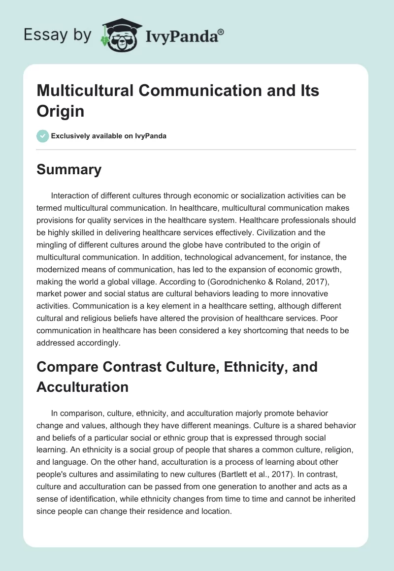 Multicultural Communication and Its Origin. Page 1