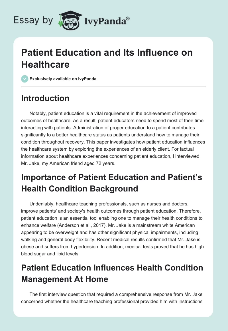 Patient Education and Its Influence on Healthcare. Page 1