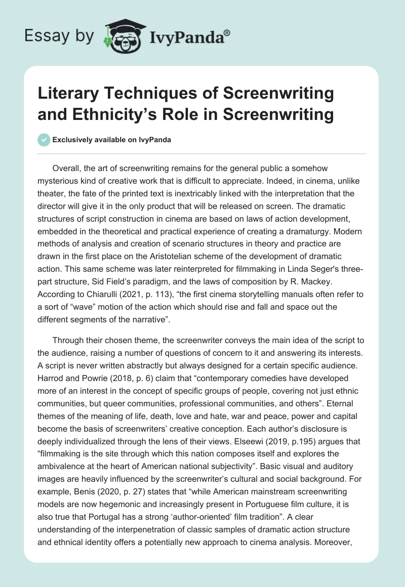 Literary Techniques of Screenwriting and Ethnicity’s Role in Screenwriting. Page 1