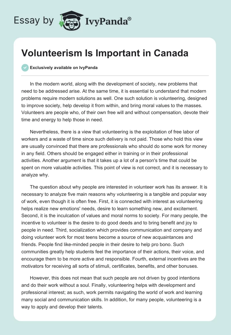 Volunteerism Is Important in Canada. Page 1