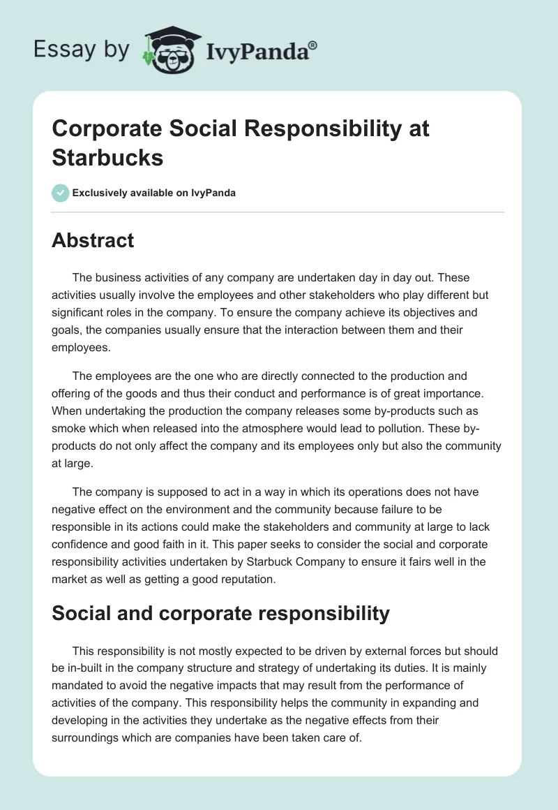 Corporate Social Responsibility at Starbucks. Page 1