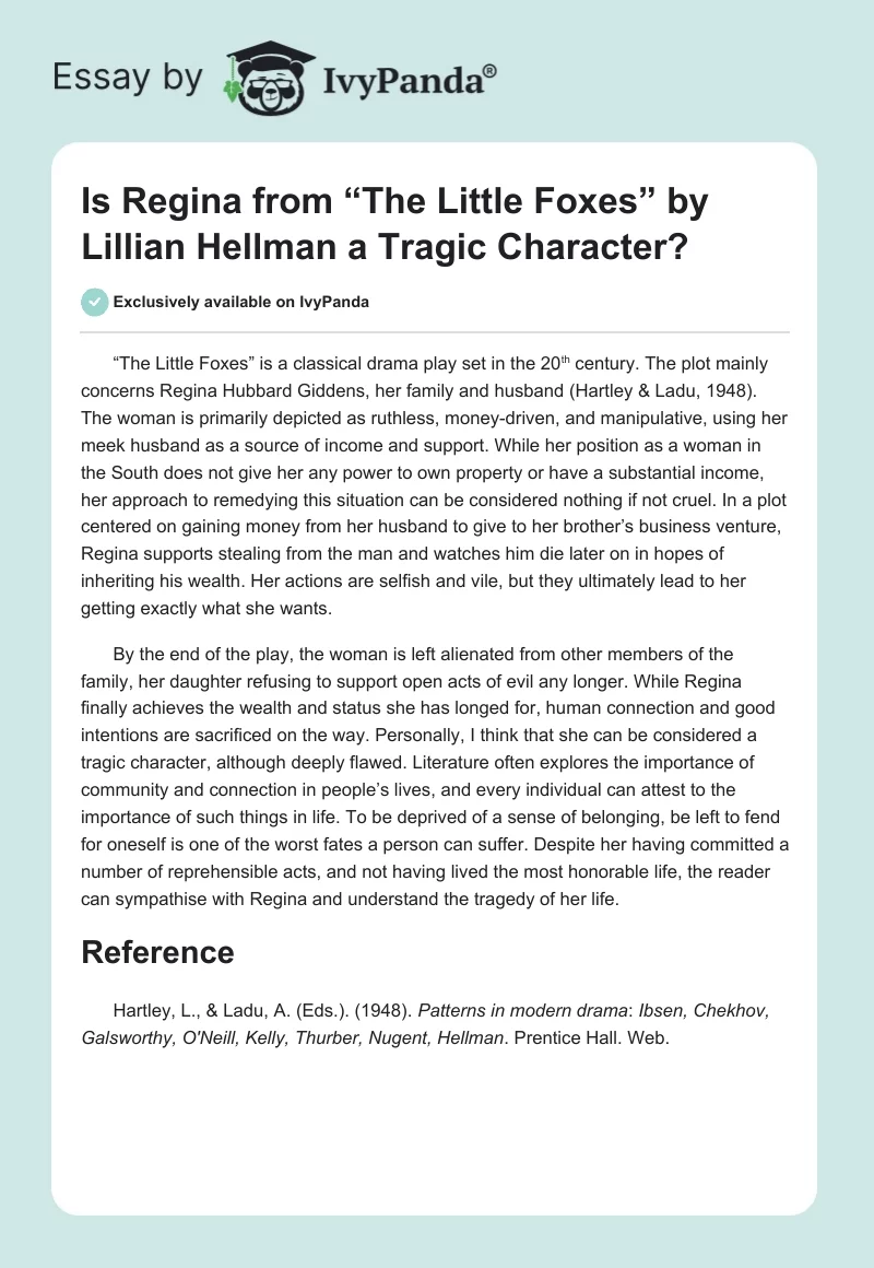 Is Regina from “The Little Foxes” by Lillian Hellman a Tragic Character?. Page 1