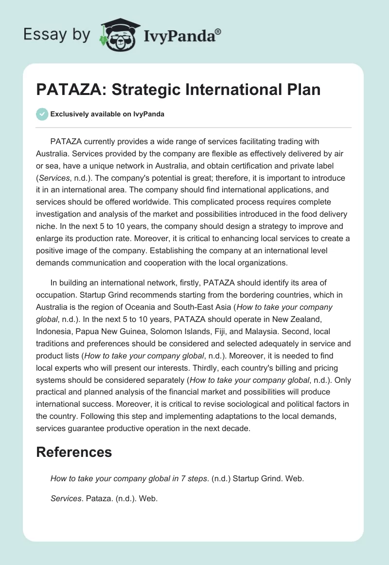 PATAZA: Strategic International Plan. Page 1
