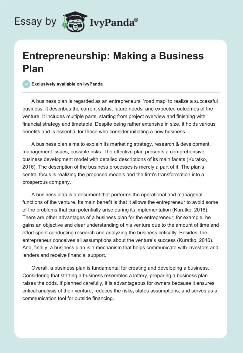 Entrepreneurship: Making a Business Plan. Page 1