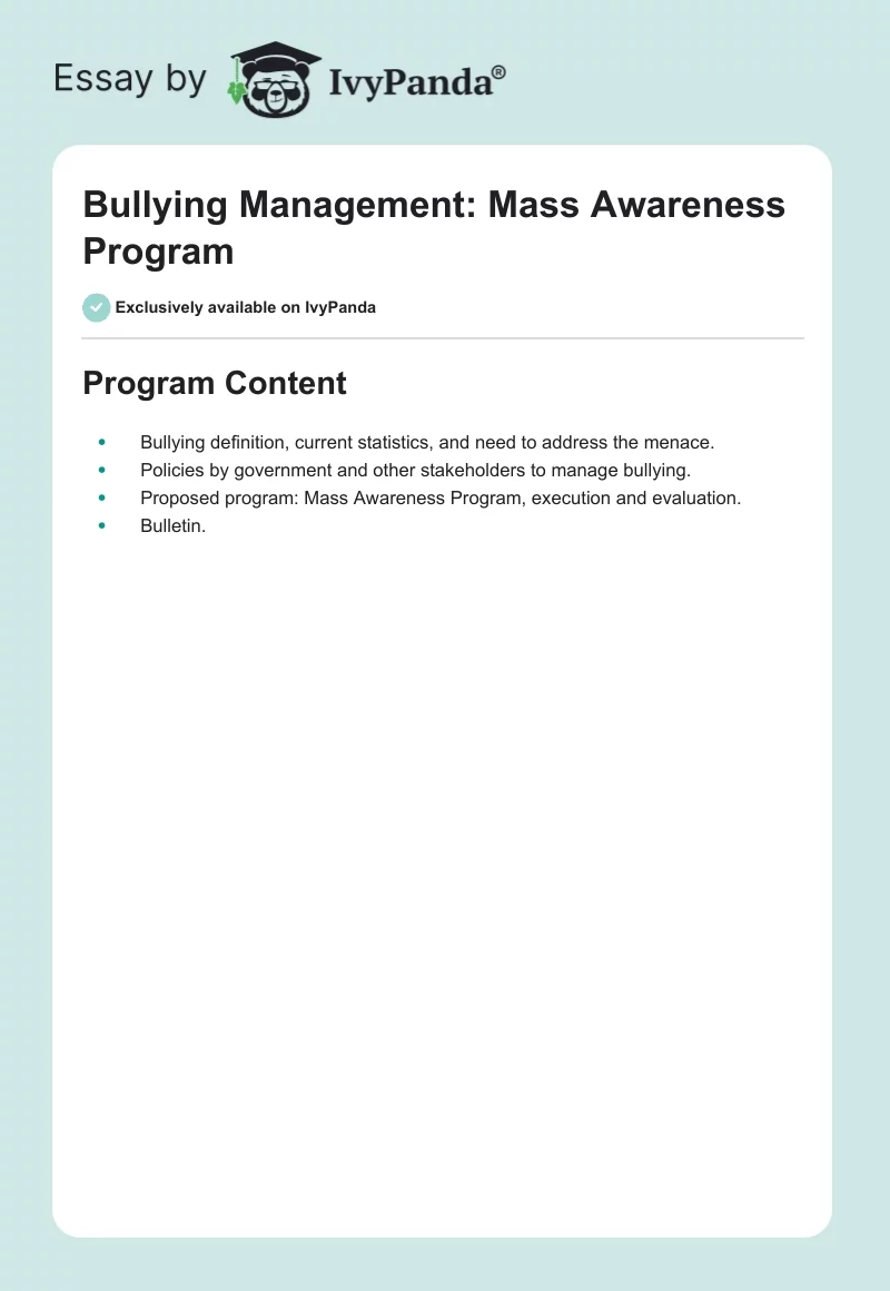 Bullying Management: Mass Awareness Program. Page 1