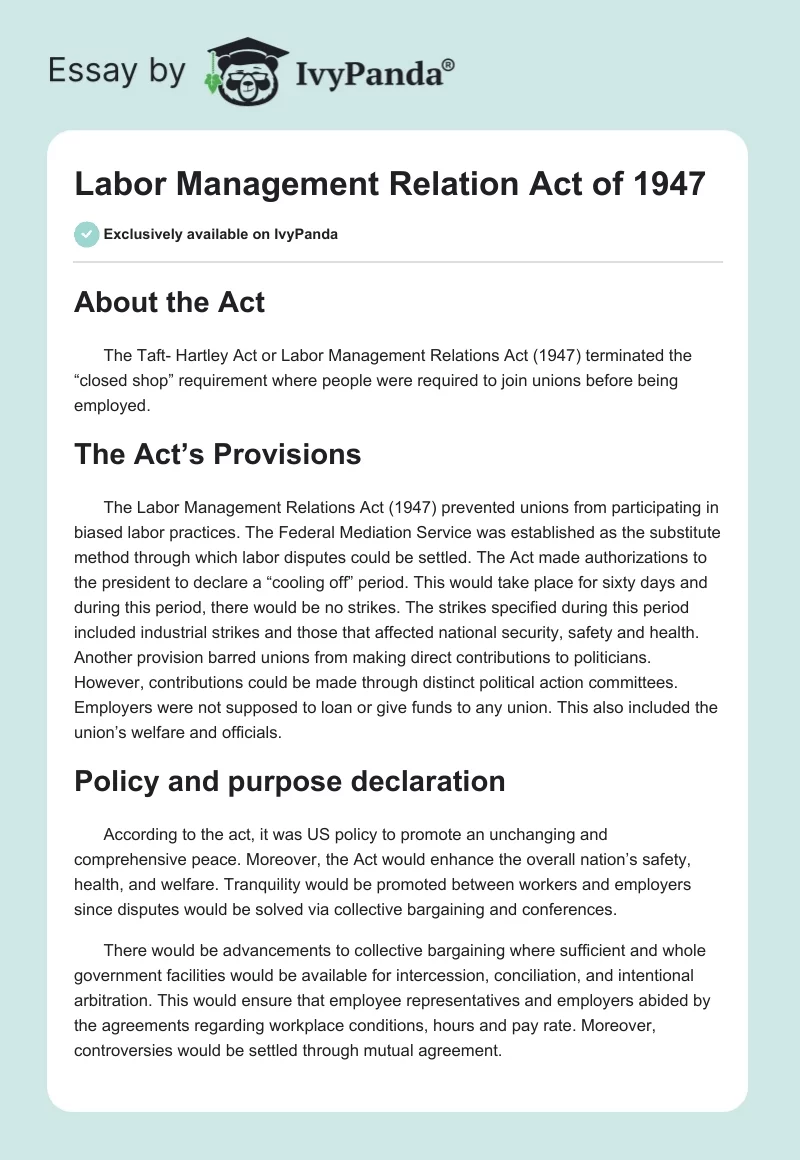 Labor Management Relation Act of 1947. Page 1