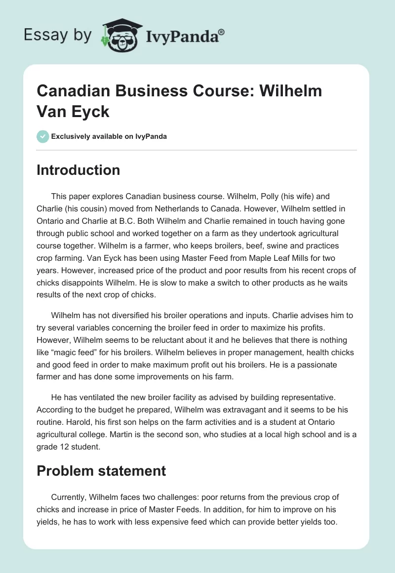 Canadian Business Course: Wilhelm Van Eyck. Page 1