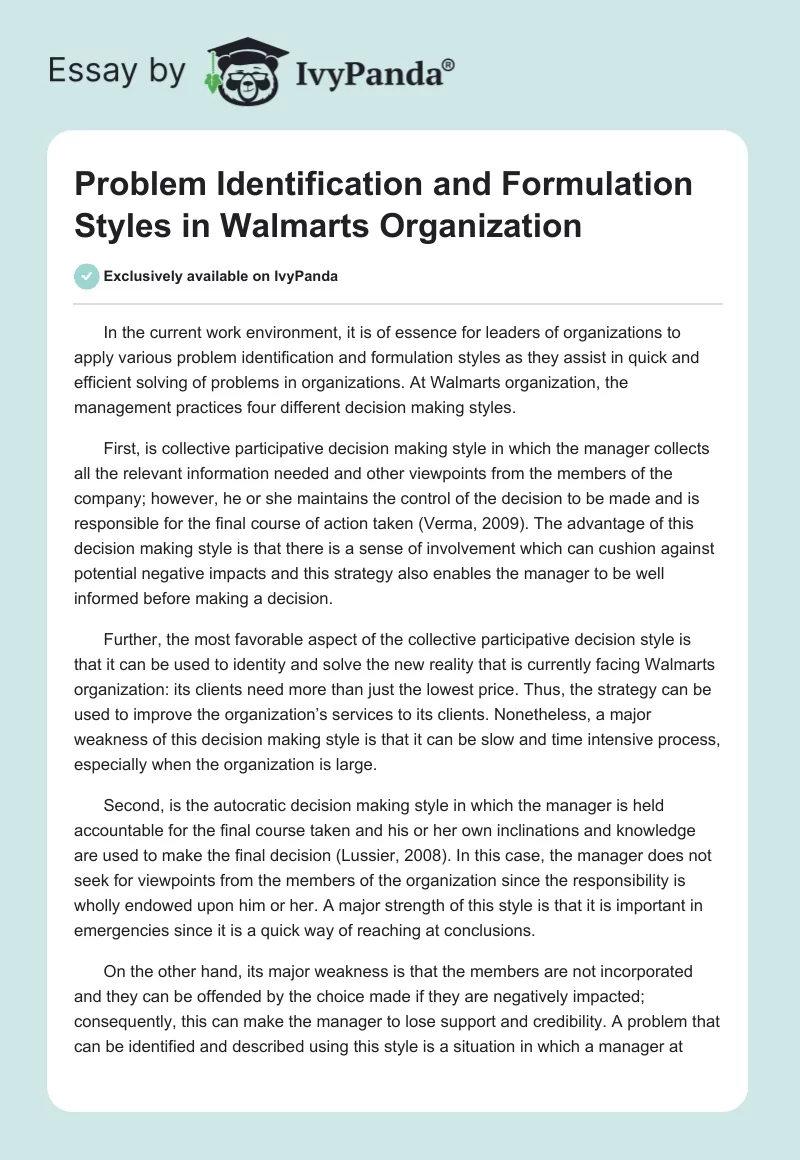 Problem Identification and Formulation Styles in Walmarts Organization. Page 1