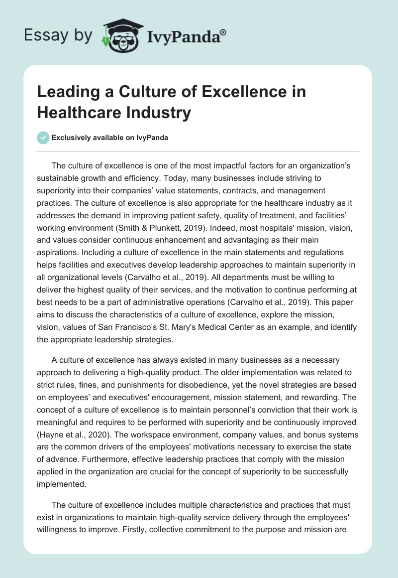 Leading a Culture of Excellence in Healthcare Industry. Page 1