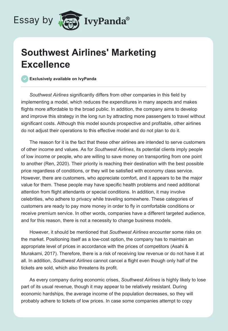 Southwest Airlines' Marketing Excellence. Page 1
