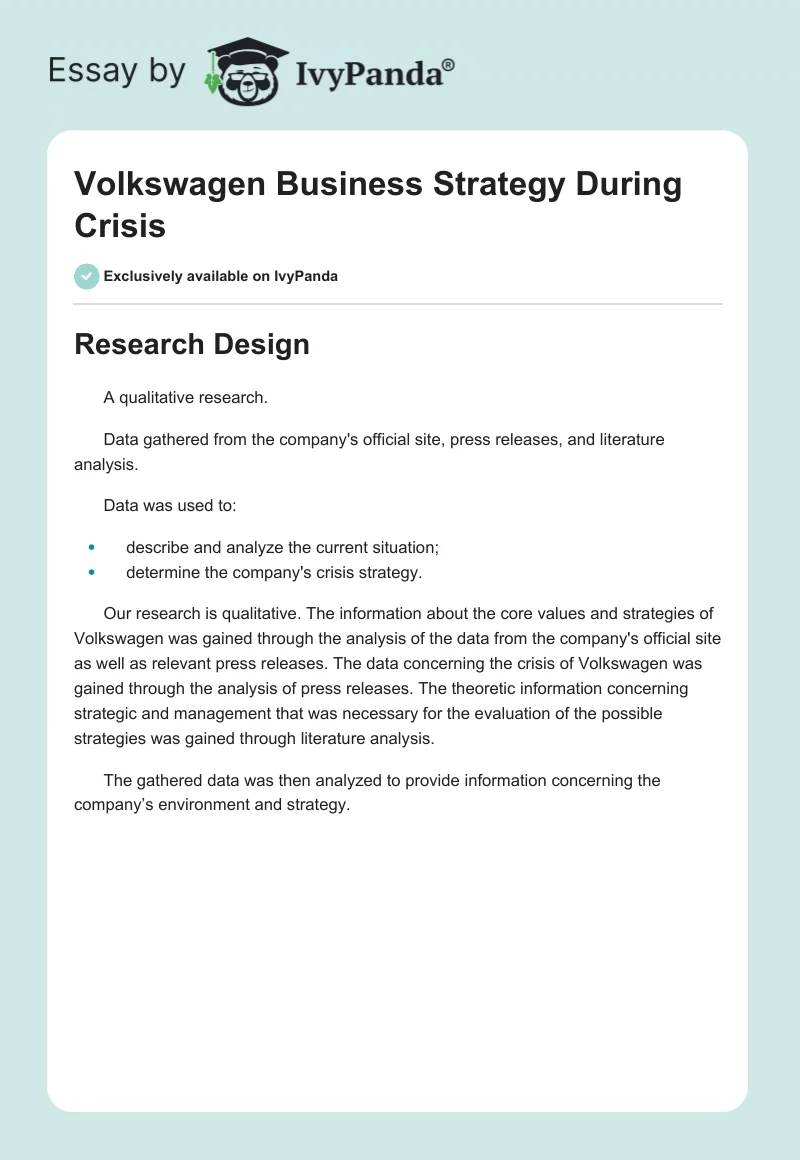 Volkswagen Business Strategy During Crisis. Page 1
