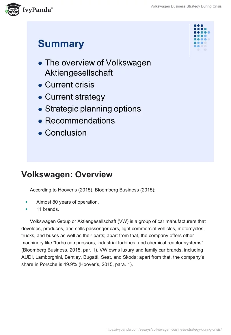Volkswagen Business Strategy During Crisis. Page 3