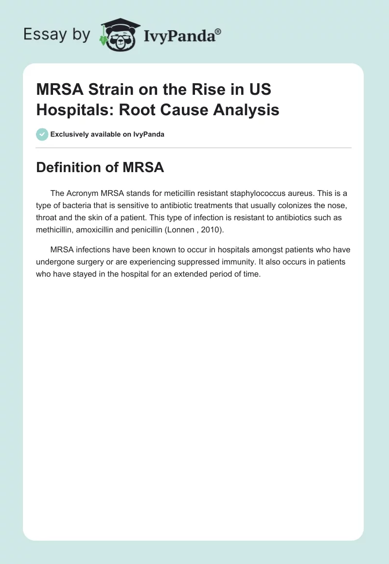 MRSA Strain on the Rise in US Hospitals: Root Cause Analysis. Page 1