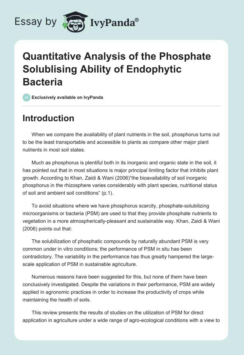 Quantitative Analysis of the Phosphate Solublising Ability of Endophytic Bacteria. Page 1
