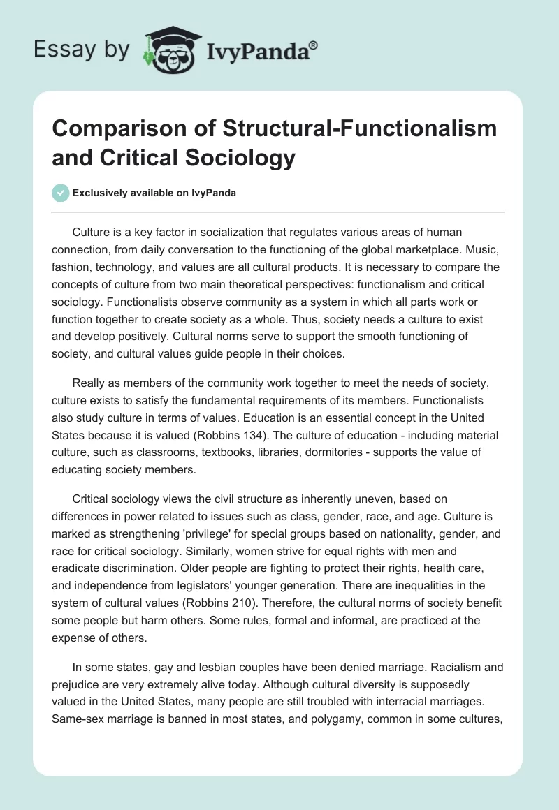 Comparison of Structural-Functionalism and Critical Sociology. Page 1