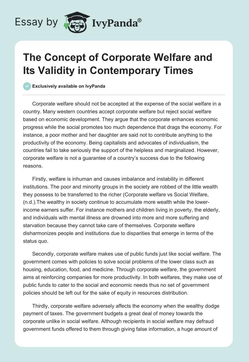 The Concept of Corporate Welfare and Its Validity in Contemporary Times. Page 1