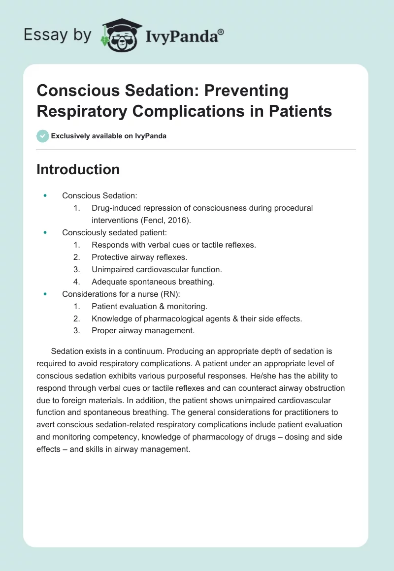 Conscious Sedation: Preventing Respiratory Complications in Patients. Page 1