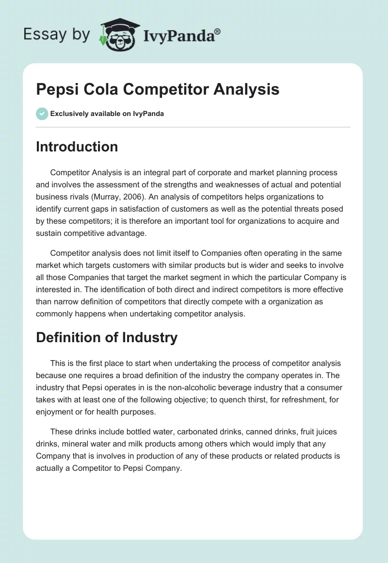 Pepsi Cola Competitor Analysis. Page 1