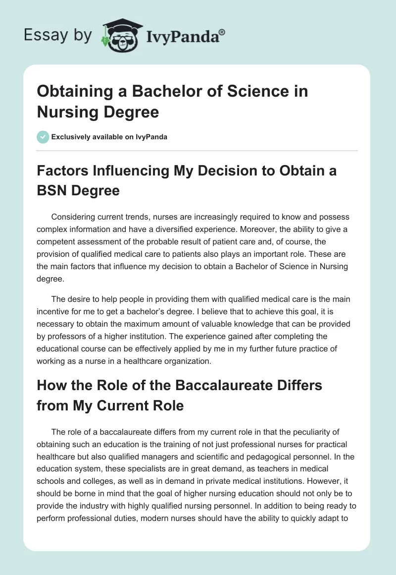 Obtaining a Bachelor of Science in Nursing Degree. Page 1