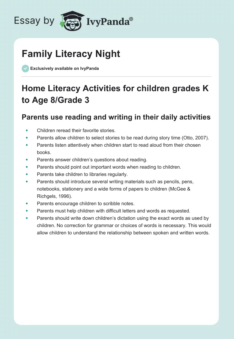 Family Literacy Night. Page 1