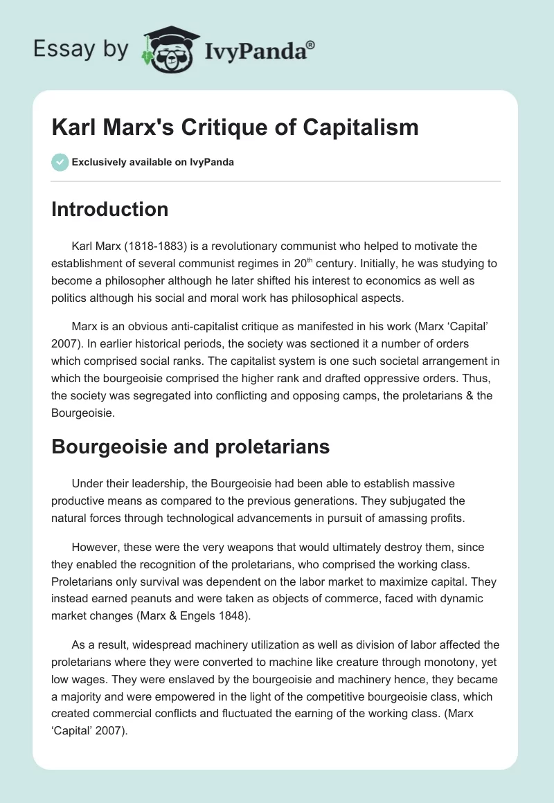 Karl Marx's Critique of Capitalism. Page 1